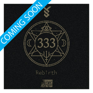 The cover art for Young Swain's album "333 Rebirth" featuring a sacred sigil with an All-Seeing Eye at its center, framed by a moon and a vertical pitchfork formed from opposing triangles.